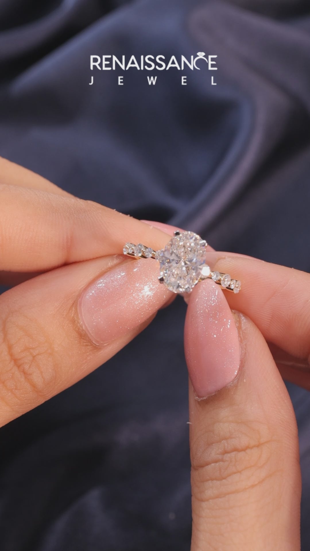 Yellow gold Oval Diamond Prong Set Engagement Ring with Pave Band_8