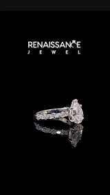 Silver Pear Cut Moissanite Side Stone Solitaire Ring with Round  and Four-Prong Setting
