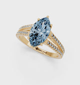 Yellow gold Fancy Blue Marquise Cut Diamond Solitaire Engagement Ring with Split Shank Pavé Band