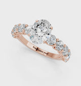 Rose gold Oval Cut Diamond Prong Setting with Side Stones on a Pave Band