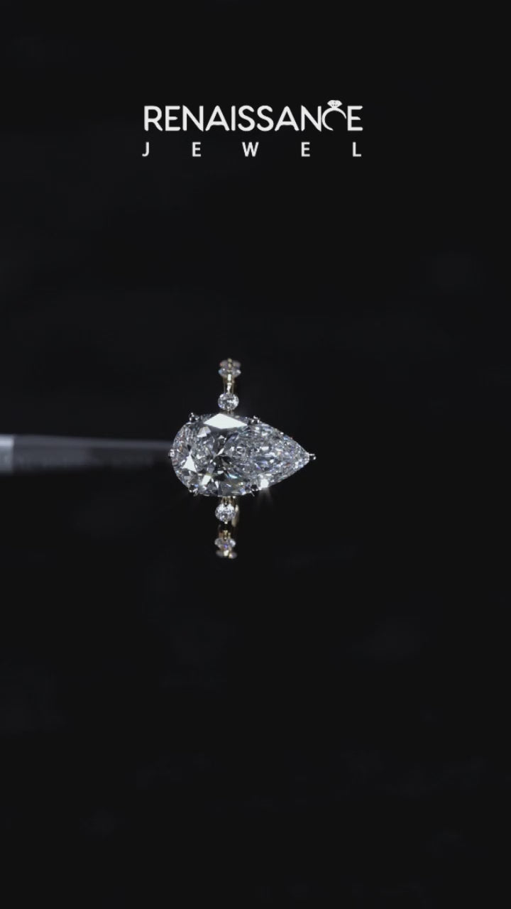 Yellow gold Pear Solitaire Diamond Ring with Bezel Set Side Stones and Prong Setting 5