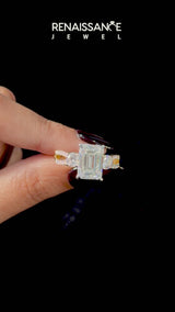 Yellow gold Emerald Cut Diamond Three-Stone Ring with Pavé Split Shank and Four-Prong Setting
