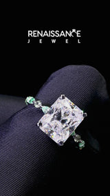 White gold Radiant Cut Diamond Ring with Marquise and Round with Green Sapphire side stone Side Stones and Four-Prong Setting