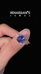 Silver Cushion Cut Tanzanite Pave Band Solitaire Ring with Round  and Prong Setting
