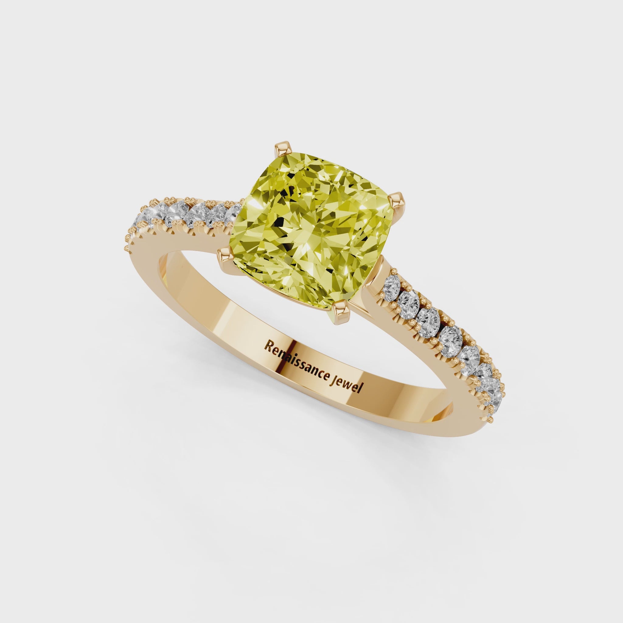 Yellow gold Fancy Yellow Cushion  Cut Solitaire Diamond Engagement Ring with Pave Band and Four-Prong Setting_60