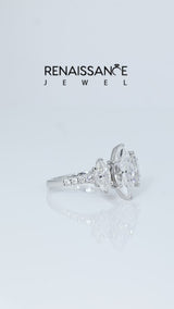 Silver Three-Stone Marquise Cut Moissanite Ring with Round  Pavé Band and Prong Setting