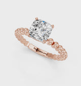 Rose gold Cushion Cut Diamond Solitaire Ring with Beaded Band and Prong Setting