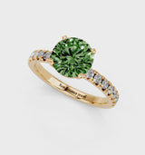 Yellow gold Fancy Green Round  Solitaire Pave Diamond Engagement Ring with Four-Prong Setting