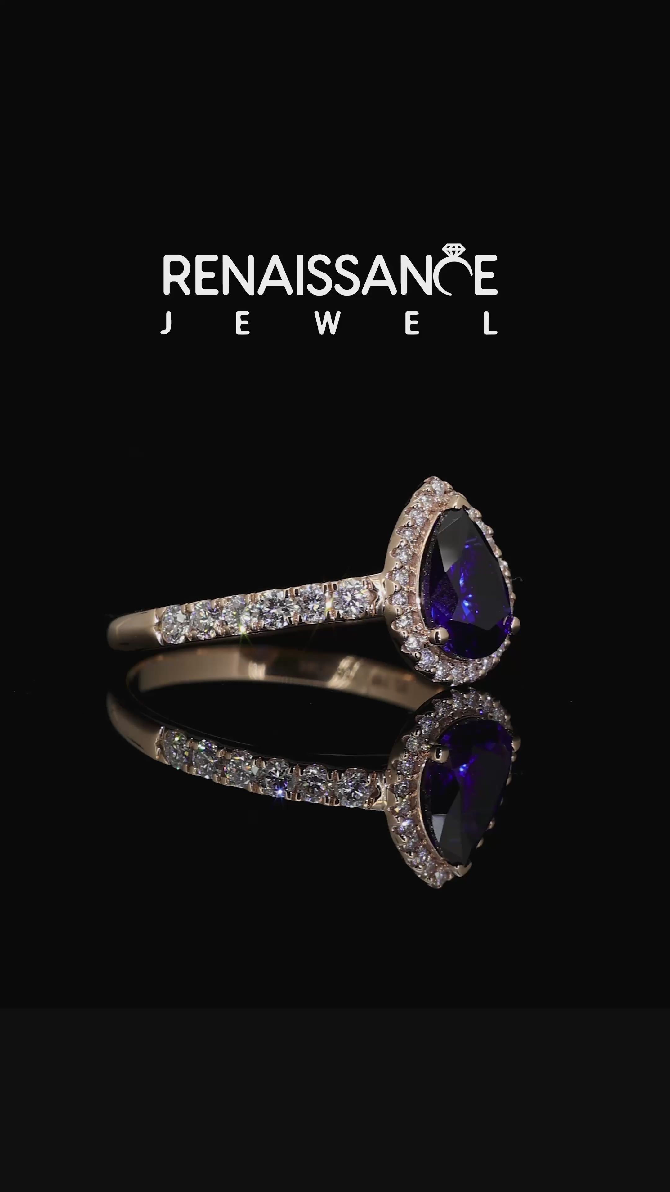 Rose gold Pear Cut Blue Sapphire Pavé Halo Ring with Four-Prong Setting_13