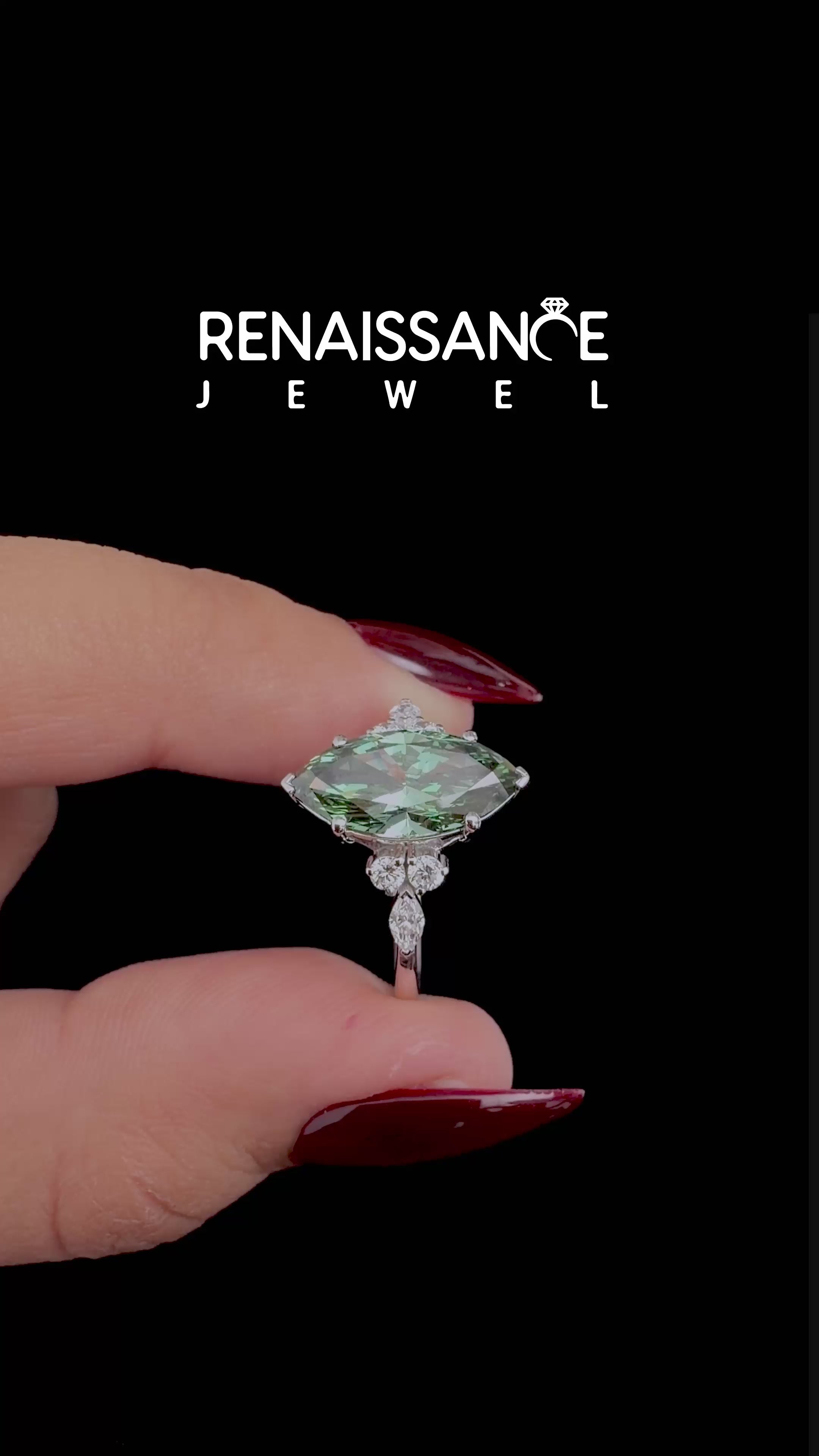 White gold Fancy Green Marquise Cut Brilliant Diamond Solitaire Ring with Pear Side Stones and Four-Prong Setting_12