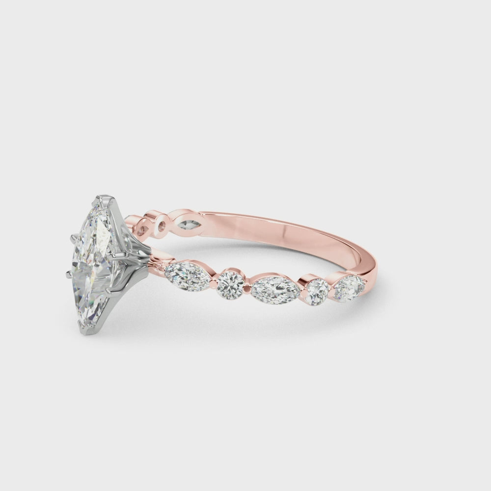 Rose gold Marquise Solitaire with Side Stones on a Pavé Band and Four-Prong Setting 3