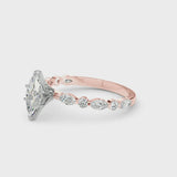 Rose gold Marquise Cut Diamond Ring with Marquise and Round  Side Stones and Four-Prong Setting