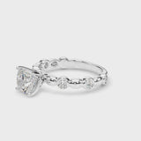 Silver Cushion Solitaire Bezel-Set Diamond Ring with Beaded Band and Four-Prong Setting
