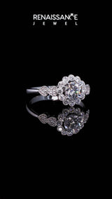 White gold Round Brilliant Milgrain Pave Heart Band Solitaire Ring