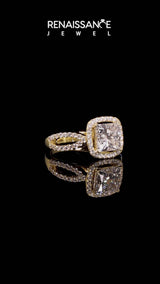 Yellow gold Radiant Cut Diamond Halo Ring with Split Shank Pavé Band and Prong Setting