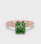 Rose gold Fancy Green Radiant Cut Diamond Solitaire Ring with Beaded Band and Prong Setting