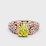 Rose gold Fancy Yellow Radiant Cut Diamond Solitaire Ring with Milgrain Pavé Band and Four-Prong Setting