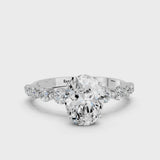White gold Oval Cut Solitaire Diamond Ring with Pave Band and Four-Prong Setting