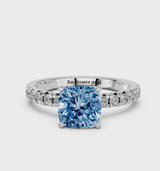 Platinum Fancy Blue Cushion  Solitaire Pave Diamond Engagement Ring with Four-Prong Setting
