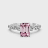 White gold Fancy Pink Emerald Cut Solitaire Diamond Ring with Pave Band and Four-Prong Setting