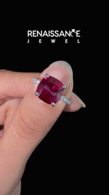 Silver Cushion Cut Ruby Pave Band Solitaire Ring with Round  and Prong Setting