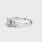 Silver Oval Diamond Floral Cluster Ring with Marquise Side Stones and Six-Prong Solitaire Setting