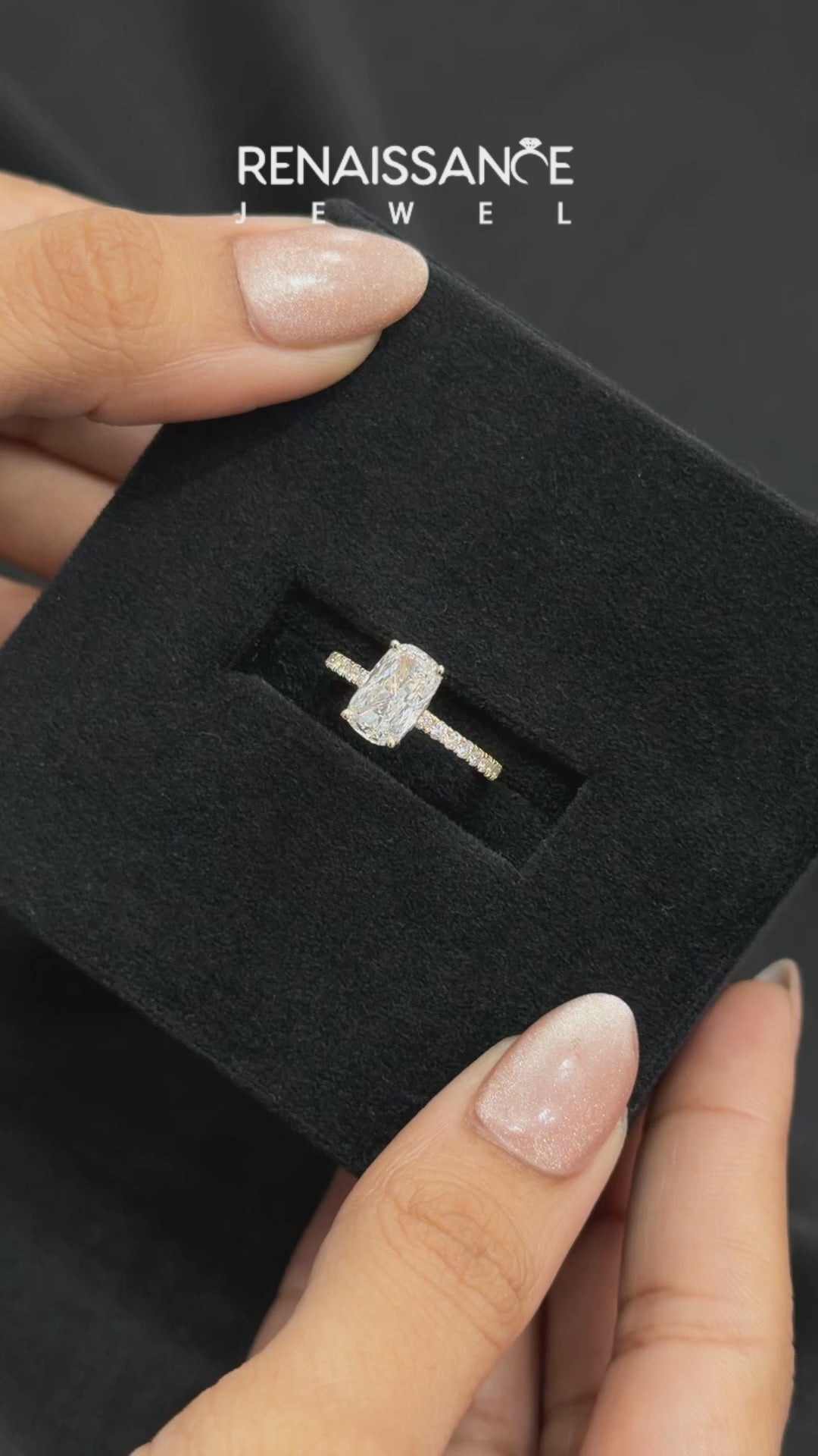 Yellow gold Cushion Cut Diamond Pave Band Solitaire Ring with Four-Prong Setting_21