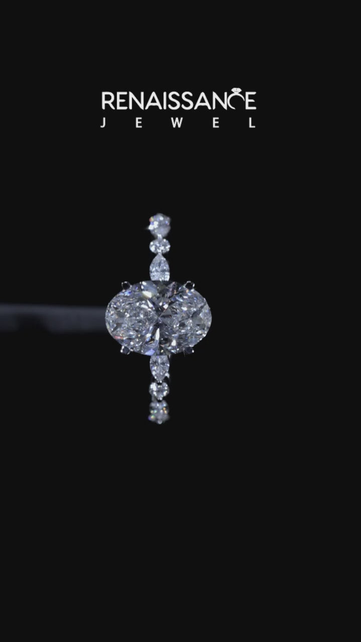 Silver Oval Solitaire with Side Stones on a Pavé Band and Four-Prong Setting 6