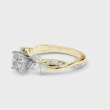 Yellow gold Cushion Diamond Floral Vine Solitaire Engagement Ring