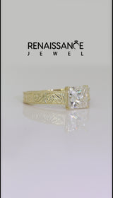 Yellow gold Princess Cut Diamond Solitaire Ring with Engraved Band and Four-Prong Setting