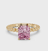 Yellow gold Fancy Pink Radiant Cut Diamond Solitaire Ring with Beaded Band and Prong Setting