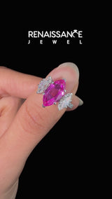 Silver Three-Stone Marquise Cut Pink Sapphire Ring with Round  Pavé Band and Prong Setting