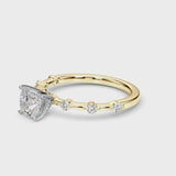 Yellow gold Cushion Solitaire Diamond Ring with Bezel Set Side Stones and Prong Setting