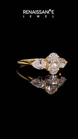 Yellow gold Cushion Cut Diamond Three-Stone Ring with Pear  Side Stones and Prong Setting
