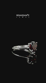 Silver Heart Cut Garnet Solitaire Ring with Flower Prong Setting and Classic Band