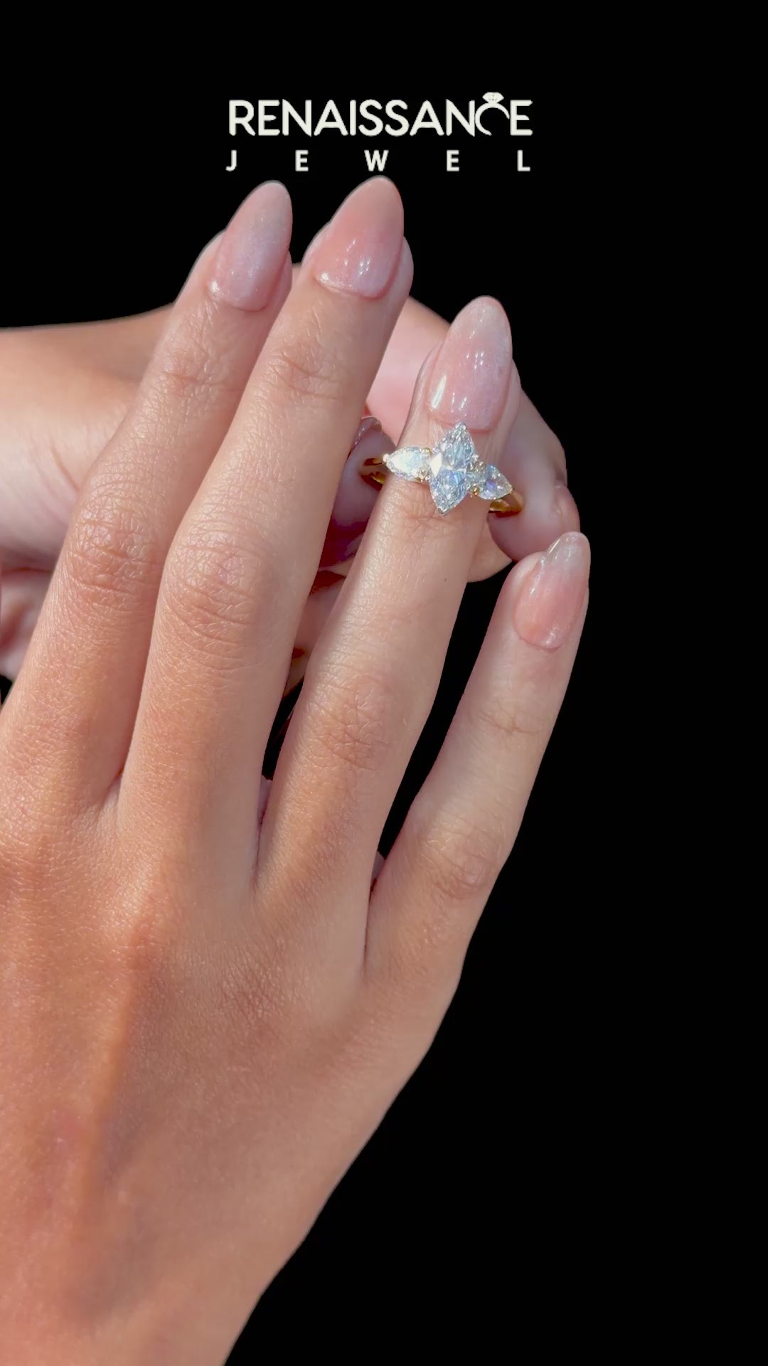 Yellow gold Three-Stone Marquise Diamond Ring with Pear Side Stones in Four-Prong Setting_11