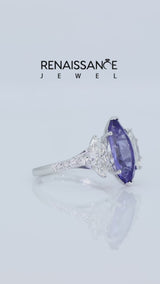 Silver Three-Stone Marquise Cut Tanzanite Ring with Round  Pavé Band and Prong Setting