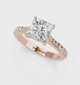 Rose gold Princess Cut Solitaire Diamond Engagement Ring with Pave Band and Four-Prong Setting
