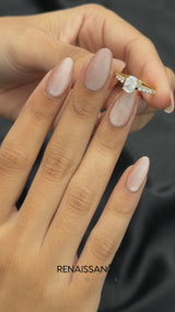 Yellow gold Cushion Cut Diamond Cathedral Solitaire Ring with Round  Pavé Band