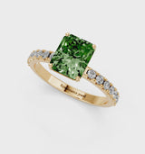 Yellow gold Fancy Green Radiant Cut Diamond Solitaire Pavé Band with Four-Prong Setting