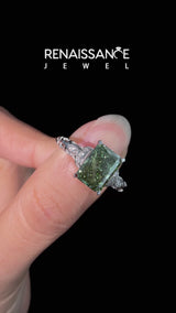 White gold Fancy Green Radiant Cut Diamond Solitaire Ring with Filigree Band and Four-Prong Setting