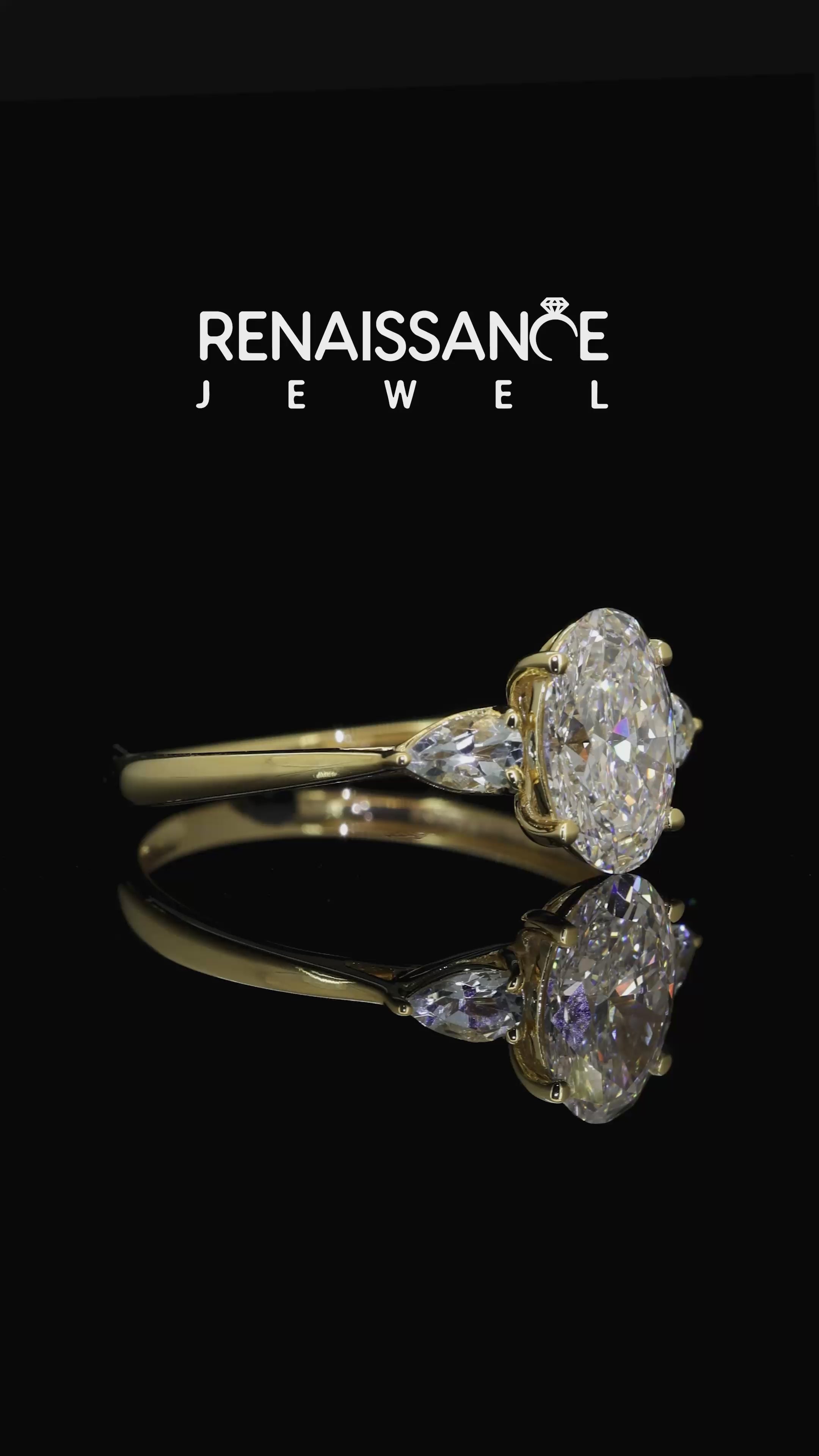 Yellow gold Oval Cut Diamond Three-Stone Ring with Pear Aquamarine Side Stones and Prong Setting_12
