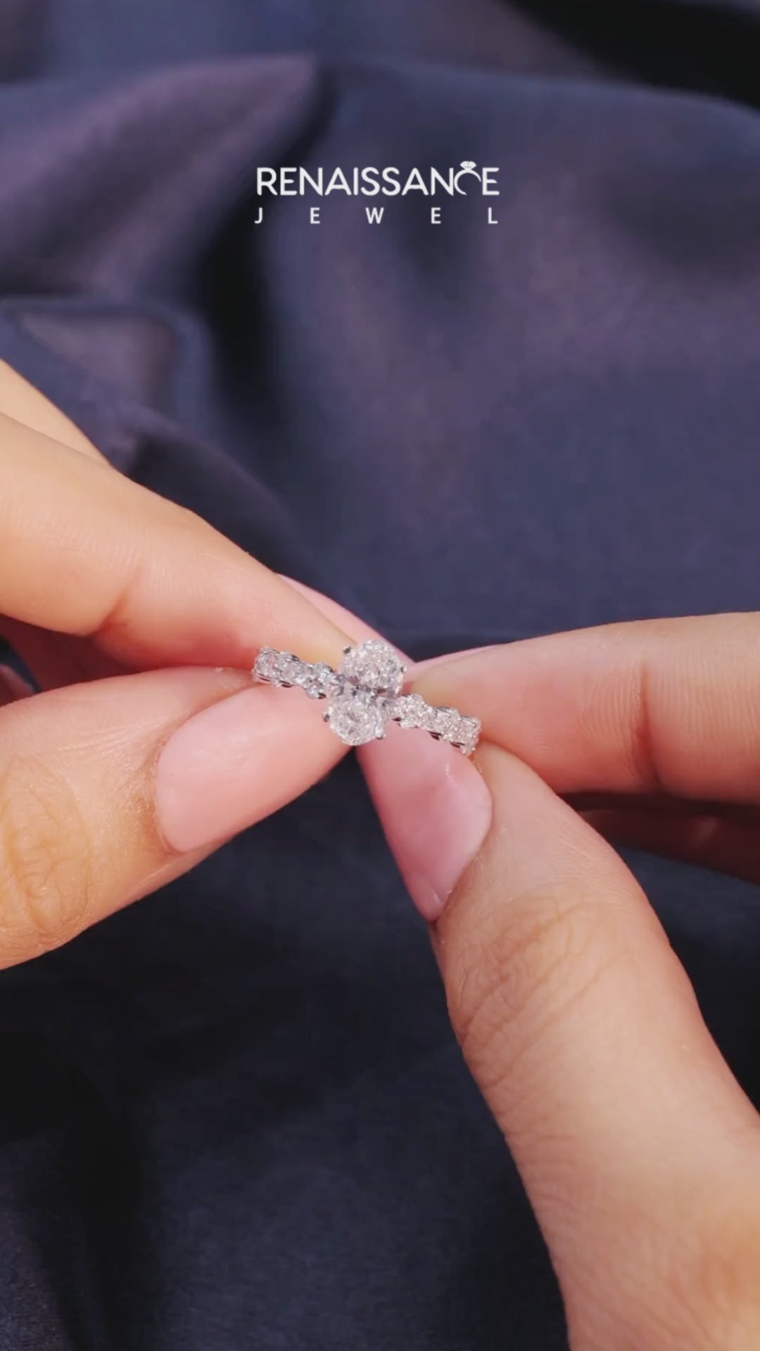 Platinum Oval Solitaire with Side Stones, Pave Band, Four-Prong Setting 4