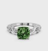 White gold Fancy Green Cushion  Solitaire Twisted Band with Prong Setting