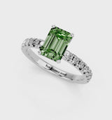 Silver Fancy Green Emerald  Solitaire Pave Diamond Engagement Ring with Four-Prong Setting