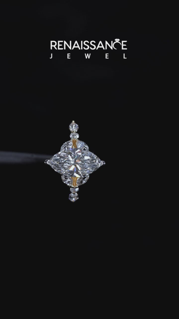 Yellow gold Marquise Diamond Solitaire with Side Stones on a White Gold Band and Four-Prong Setting 5