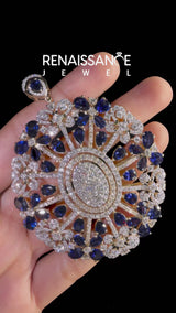 Yellow gold Pear Sapphire and Round Diamond Floral Medallion Pendant with Oval Cluster Center
