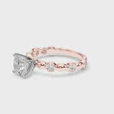 Rose gold Cushion Solitaire Bezel-Set Diamond Ring with Beaded Band and Four-Prong Setting