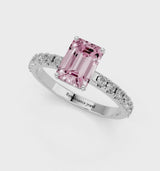 White gold Fancy Pink Emerald Cut Diamond Solitaire Pavé Band with Four-Prong Setting