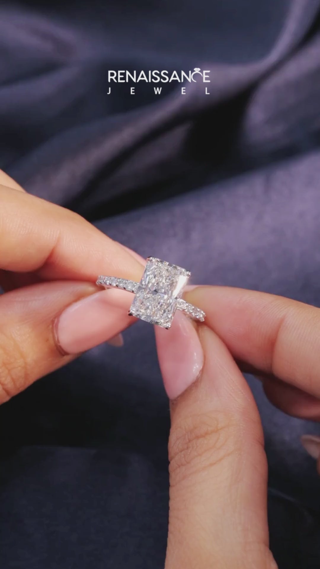 White gold Radiant Cut Diamond Ring with Pavé Band and Four-Prong Setting 5